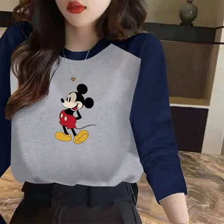 撞色插肩袖长袖t恤女米奇上衣2023年早春款拼接纯棉打底衫外穿女图片