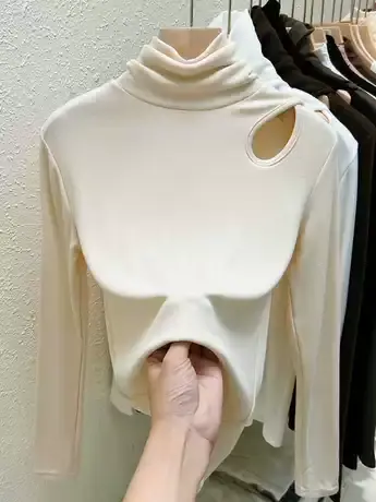 欧货加绒高领打底衫女秋冬2022年新款洋气修身镂空漏锁骨内搭上衣商品大图