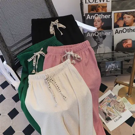 冰丝泡芙格阔腿裤女夏季薄款杏色显瘦垂感拖地休闲直筒长裤高级感商品大图