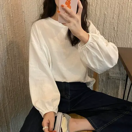 早秋季长袖T恤女2023新款潮灯笼袖减龄宽松白色气质奶甜体桖上衣商品大图