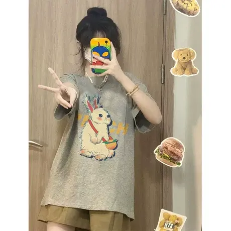 纯棉设计感美式复古兔子短袖t恤女2023新款夏季ins潮牌宽松上衣服图片