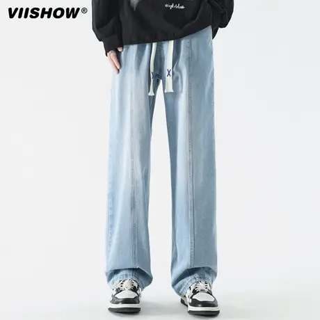 VIISHOW美式复古简约纯色做旧牛仔裤男潮牌宽松阔腿休闲百搭长裤商品大图