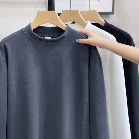 男装秋冬双面保暖德绒圆领长袖T恤纯色刺绣体恤时尚打底衫男潮流商品大图