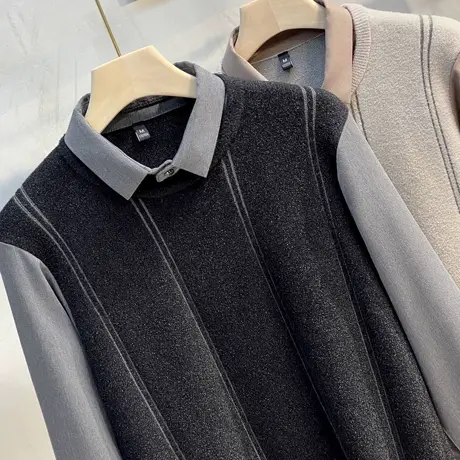 黄金貂绒假两件毛衣男士长袖秋冬款条纹衬衫领潮流厚款保暖针织衫商品大图