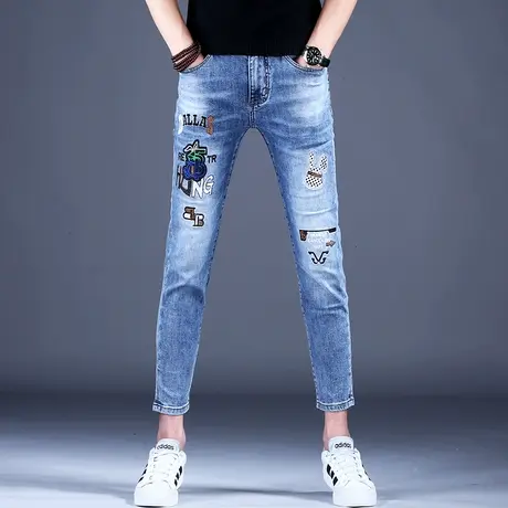 男士新款春夏牛仔裤子时尚修身精致刺绣九分小脚裤2023棉弹百搭裤商品大图