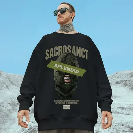 oversize港风圆领卫衣男潮牌ins嘻哈大码男装秋冬季加绒加厚无帽商品大图