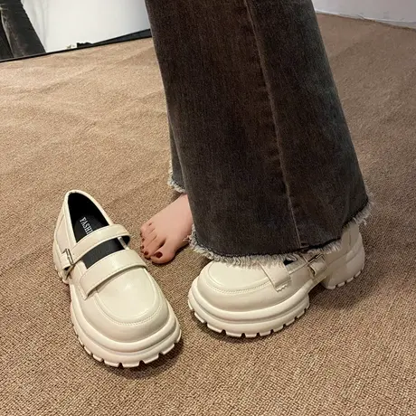 小皮鞋女2023年春夏新款浅口大头复古jk单鞋厚底增高粗跟玛丽珍鞋图片