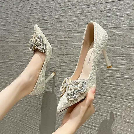 高跟鞋女细跟2023年新款蝴蝶结水钻婚纱婚鞋宴会名媛尖头单鞋气质图片