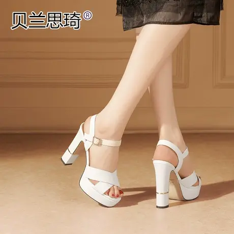 真皮一字带防水台高跟凉鞋女夏季新款厚底鱼嘴粗跟凉鞋商品大图