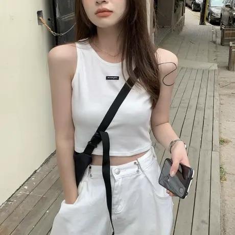 美式吊带运动坎肩背心内搭无袖t恤女夏季设计感小众外穿短款上衣商品大图