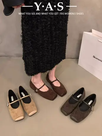 复古绒面玛丽珍单鞋女2024年春秋新款豆豆鞋软底一字扣方头奶奶鞋商品大图
