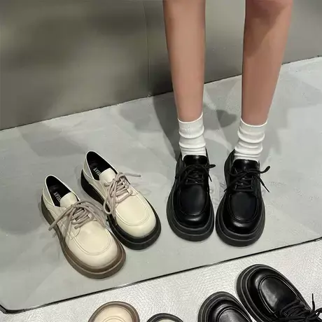 黑色厚底增高系带小皮鞋女英伦风春季复古百搭小众两穿乐福单鞋子图片