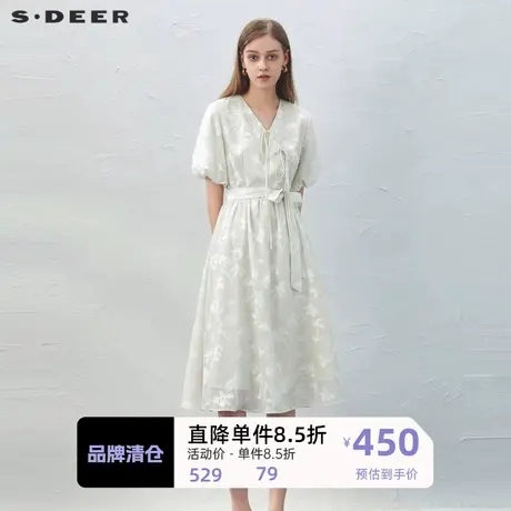 sdeer圣迪奥女装V领系带绣花泡泡袖新中式连衣裙S232Z12QP图片