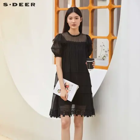 S·DEER圣迪奥女装蕾丝圆领网纱泡泡袖连衣裙S23261223图片