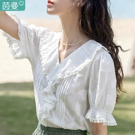 茵曼旗舰店官方半袖女款2023新款白色衬衣短袖品牌全棉衬衫奶系商品大图