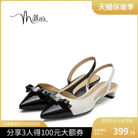 millie's妙丽时尚新款牛皮通勤蝴蝶结尖头低跟女单凉鞋LQ148AH2图片