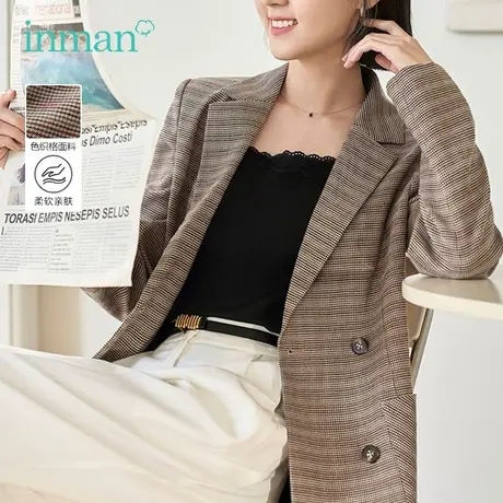 茵曼旗舰店通勤经典格纹小西装外套女2023秋冬新款设计感复古西服图片