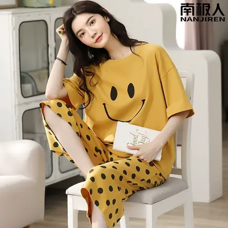 睡衣女夏季纯棉夏款短袖七分裤春秋款2024新款笑脸家居服夏天女款商品大图