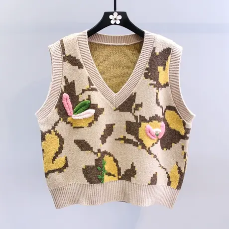重工花朵刺绣针织马甲女秋冬2023新款宽松叠穿外搭无袖毛衣背心商品大图