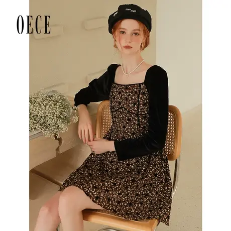 Oece复古碎花连衣裙2023秋季新款女装设计感小众气质方领裙子春秋图片