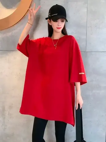 夏季纯色中长款圆领开叉短袖T恤女大码宽松体恤遮肉上衣韩版百搭商品大图