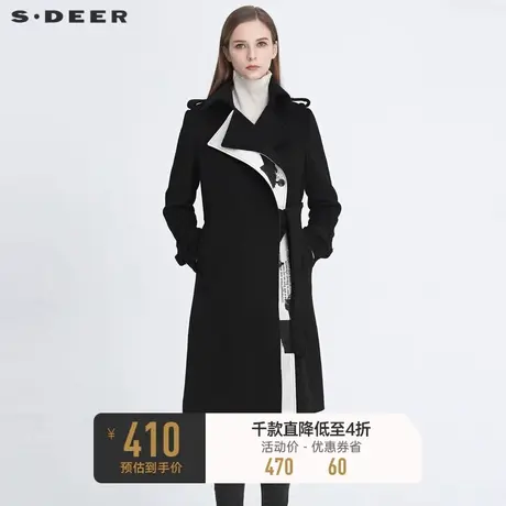 sdeer圣迪奥冬季女装时尚翻领拼接印花收腰毛呢大衣女S20481803图片