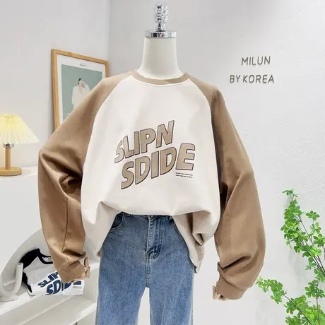 复古美式字母插肩袖长袖上衣2022秋季新款帅气休闲宽松卫衣套头潮商品大图