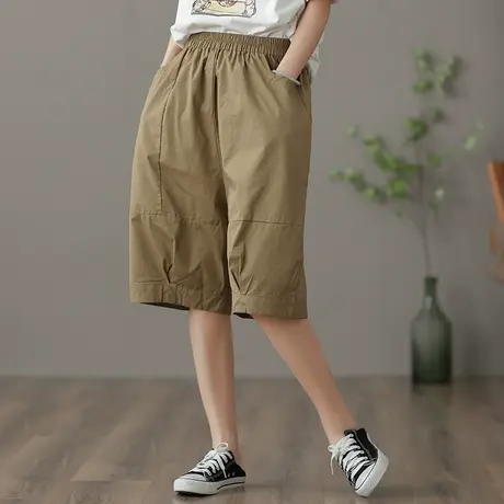 dza 高腰显瘦纯色全棉五分裤子女士夏薄款宽松中裤阔腿休闲直筒裤图片