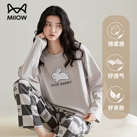 猫人圆领睡衣女卡通图案双面纯棉面料家居服宽松长款两件套装商品大图