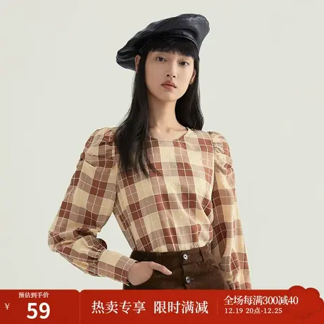 茵曼早秋新款女设计感小众上衣法式复古文艺圆领格纹长袖衬衫图片