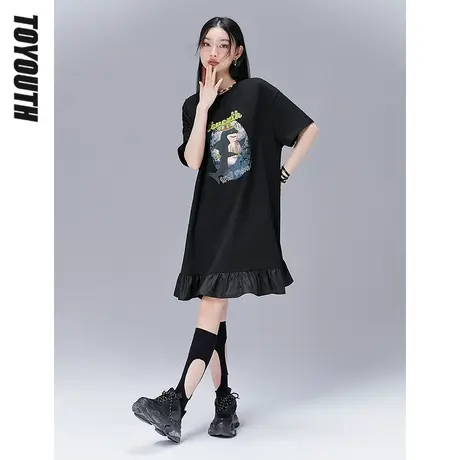 TOYOUTH初语连衣裙女夏季新款复古做旧印花甜酷范娃娃连衣裙图片
