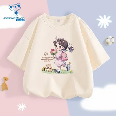 JU真维斯女童装纯棉套头衫2025春季新款可爱潮趣印花圆领短袖T恤商品大图