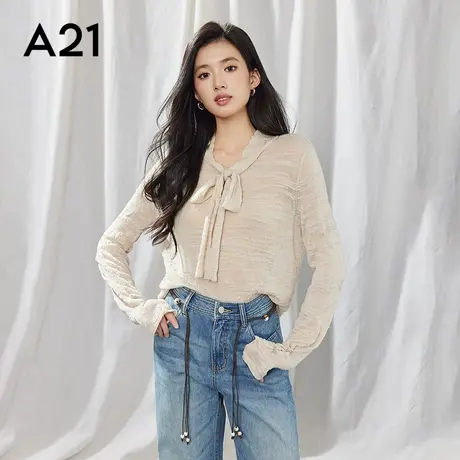 A21女装V领蝴蝶结薄款毛针织衫长袖上衣商品大图