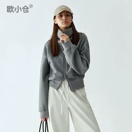 欧小仓 大福系列 轻量运动翻领双开拉链短开衫 高领收腰短款卫衣商品大图