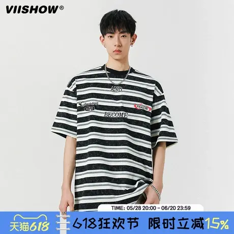 VIISHOW夏季美式条纹印花圆领短袖T恤男女复古潮牌情侣半袖体恤商品大图