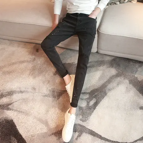 2023秋冬新款黑色牛仔破洞裤个性显瘦泼墨小脚裤男潮青年铅笔长裤商品大图