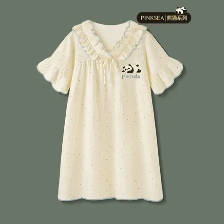 Pinksea睡裙女夏季甜美少女纯棉纱布短袖睡衣可爱新款熊猫家居服图片