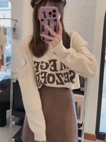 设计感小众套头毛衣女秋季新款小个子字母露肩短款外穿针织衫上衣商品大图