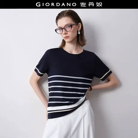 设计师款佐丹奴条纹针织衫女夏季撞色圆领短袖针织上衣女18355916商品大图