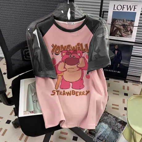 短袖t恤女夏季宽松插肩袖oversize大码半袖设计感卡通ins美式上衣商品大图