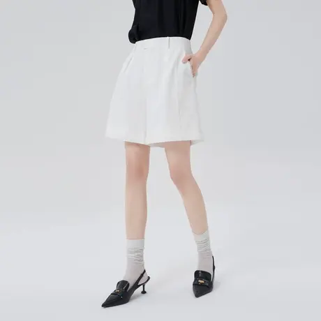 艾莱依白色工装短裤夏季新款宽松显瘦日常通勤简约高腰五分裤中裤图片