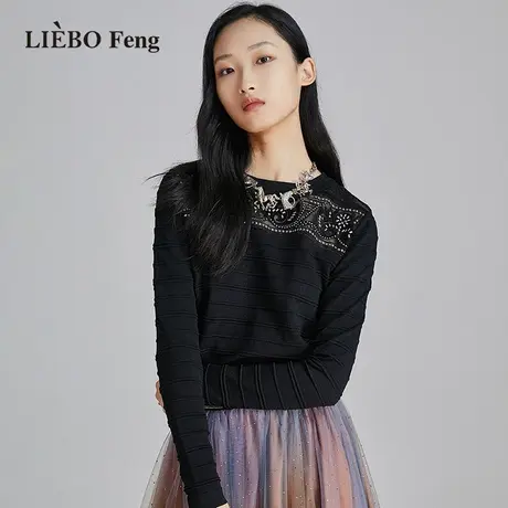 裂帛LIEBOFeng2023年商场同款百搭烫钻珠绣蕾丝套头针织衫商品大图