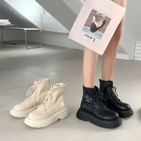 马丁靴女英伦风2023百搭新款春秋单靴圆头松糕厚底显瘦短靴显脚小图片
