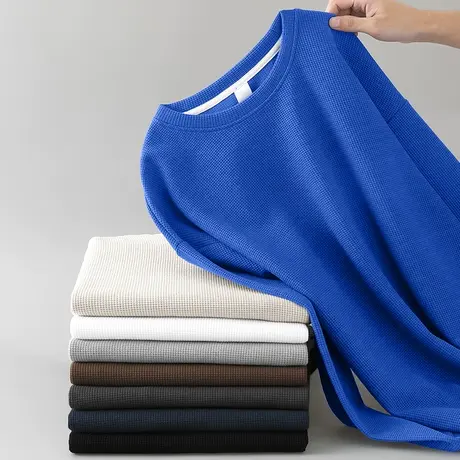 男士卫衣华夫格2023新款秋冬款加绒加厚保暖纯色圆领无帽长袖t恤商品大图