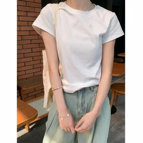 白色正肩短袖t恤女夏2025新款修身显瘦独特打底内搭纯色上衣百搭商品大图