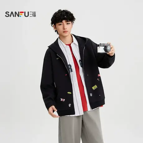 三福2025秋季男士球标印花带帽开衫卫衣 运动风宽松上衣507960商品大图