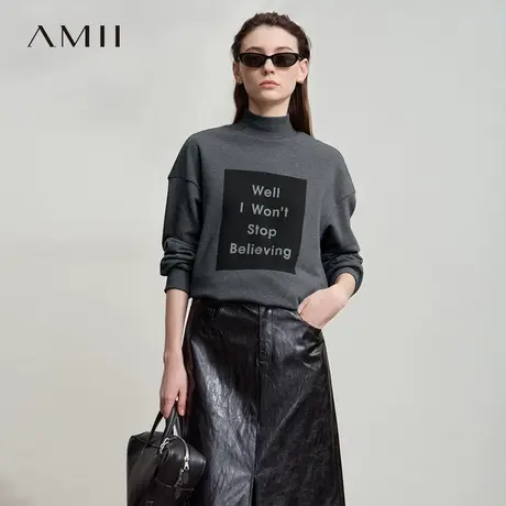 Amii2025秋新款极简轻运动风高领宽松微弹字母印花落肩长袖棉卫衣商品大图
