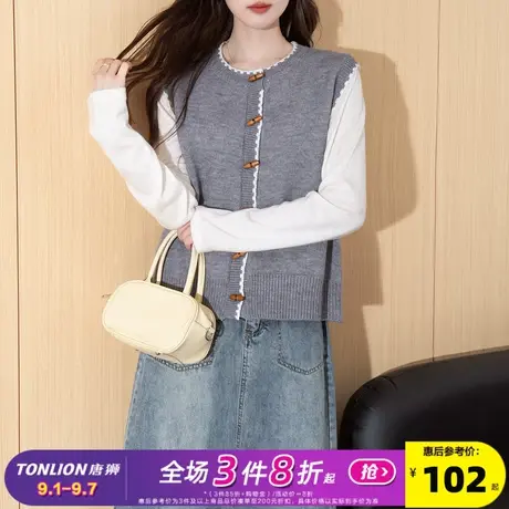 唐狮2025秋冬撞色边设计复古扣子设计圆领开衫马甲女春秋外穿高级商品大图