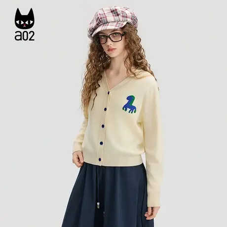 a02宽松V领毛衣女2025新款秋季绣花针织衫外套通勤穿搭羊毛上衣商品大图