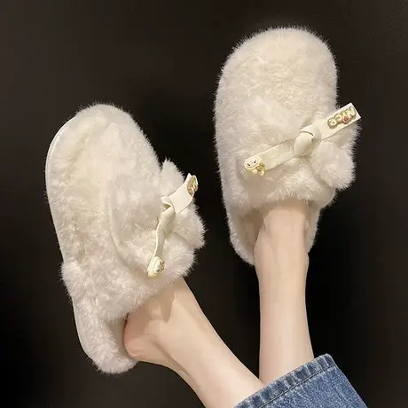 月子棉拖鞋女秋冬季新款可爱蝴蝶结毛绒保暖室内居家软底防滑拖鞋商品大图